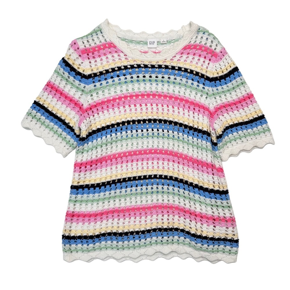 GAP Womens Rainbow Striped Cotton Crochet Small Top Open Knit Boho Summer - Picture 12 of 12